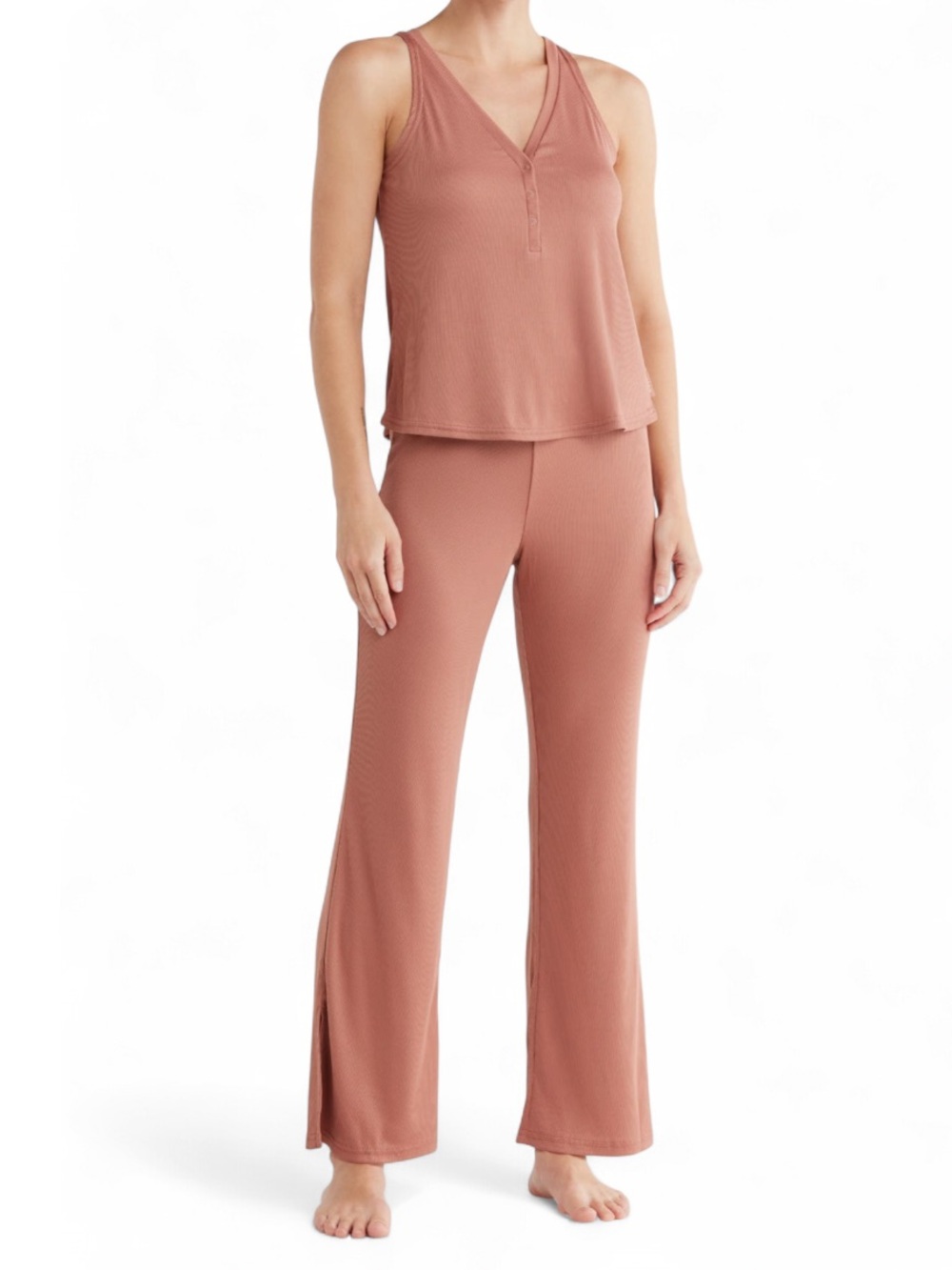 Danskin Natural Bronze Ribbed V Neck Henley Tank Pajama Set, Women's Size XL